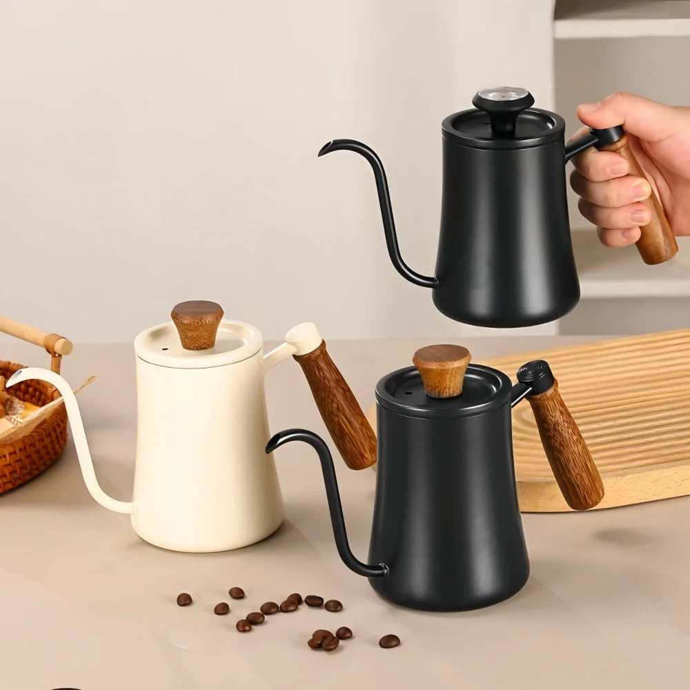 500ml Stainless Steel Coffee Pot with Thermometer and Wooden Handle
