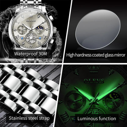 Elegant Men’s Chronograph Wristwatch with Roman Numerals and Moon Phase