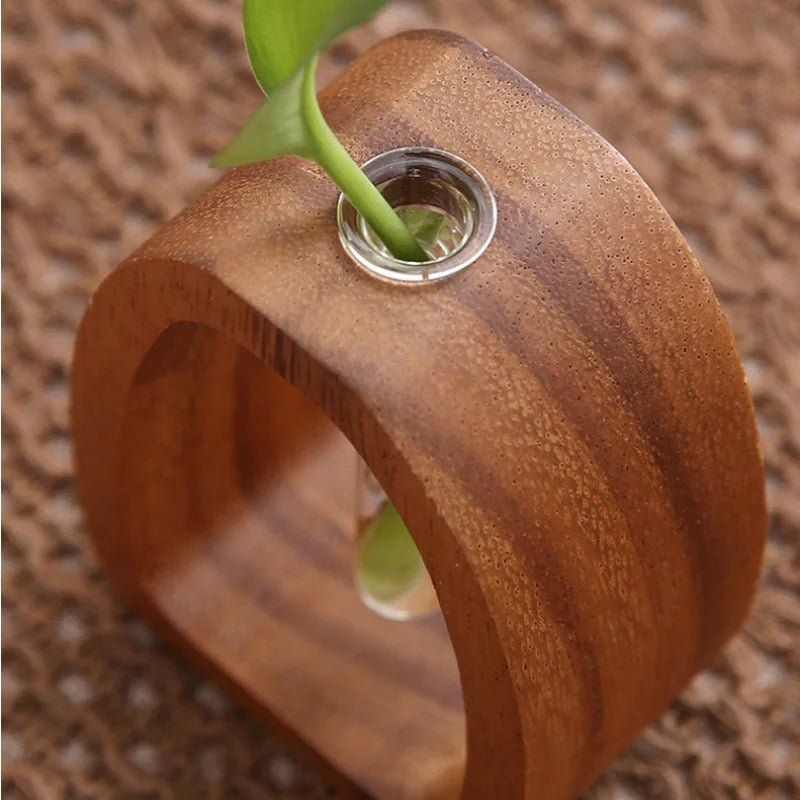Handmade Solid Wood Holder with Glass Tube for Plant and Flower Display