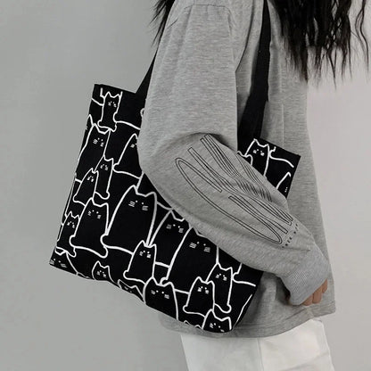 Japanese Style Cat Tote Shoulder Bag with Zipper Closure