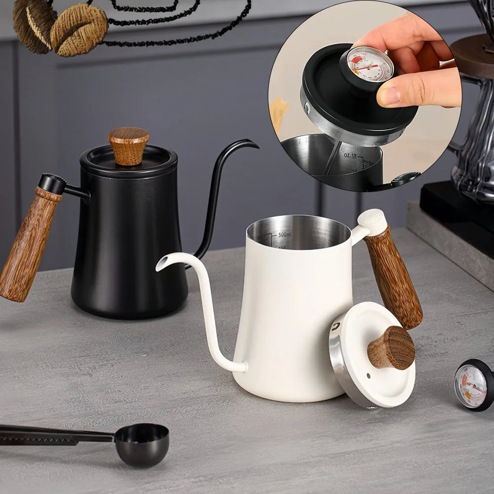 500ml Stainless Steel Coffee Pot with Thermometer and Wooden Handle