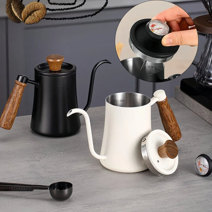 500ml Stainless Steel Coffee Pot with Thermometer and Wooden Handle