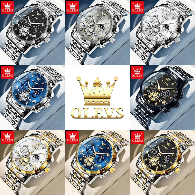 Elegant Men’s Chronograph Wristwatch with Roman Numerals and Moon Phase