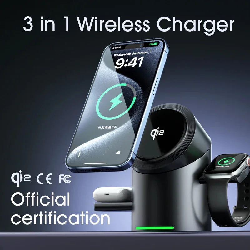 Magnetic 3-in-1 Qi2 Fast Wireless Charger Touch Control Dock for Apple & Android Devices