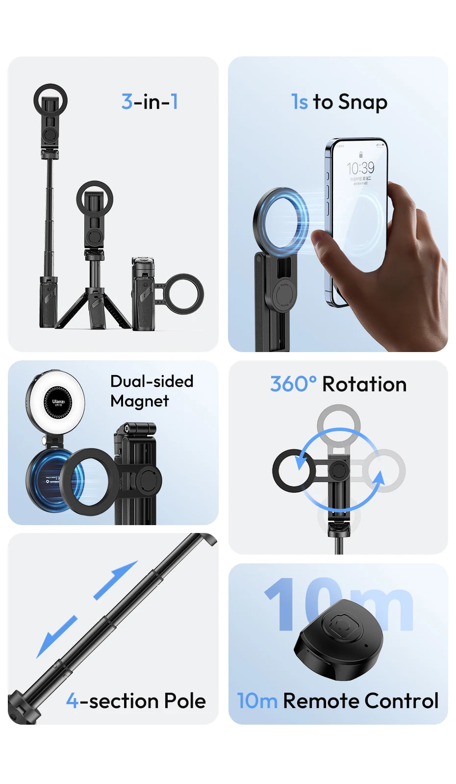 3-in-1 Wireless Phone Tripod Grip with MagSafe Mount and Remote