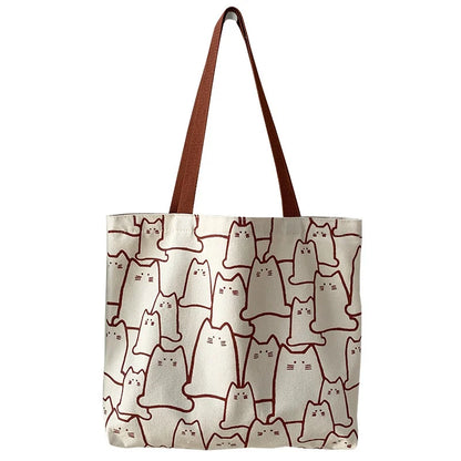 Japanese Style Cat Tote Shoulder Bag with Zipper Closure