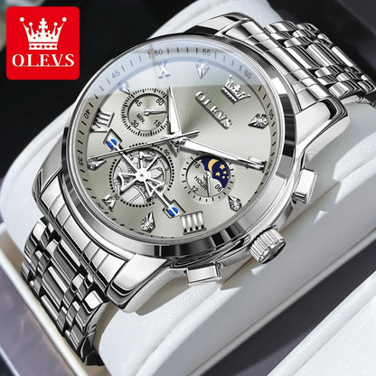 Elegant Men’s Chronograph Wristwatch with Roman Numerals and Moon Phase