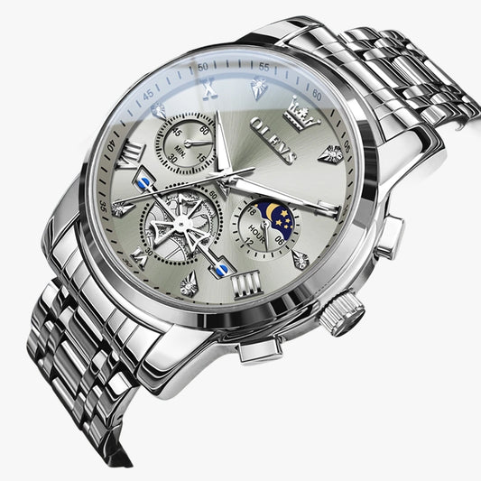 Elegant Men’s Chronograph Wristwatch with Roman Numerals and Moon Phase