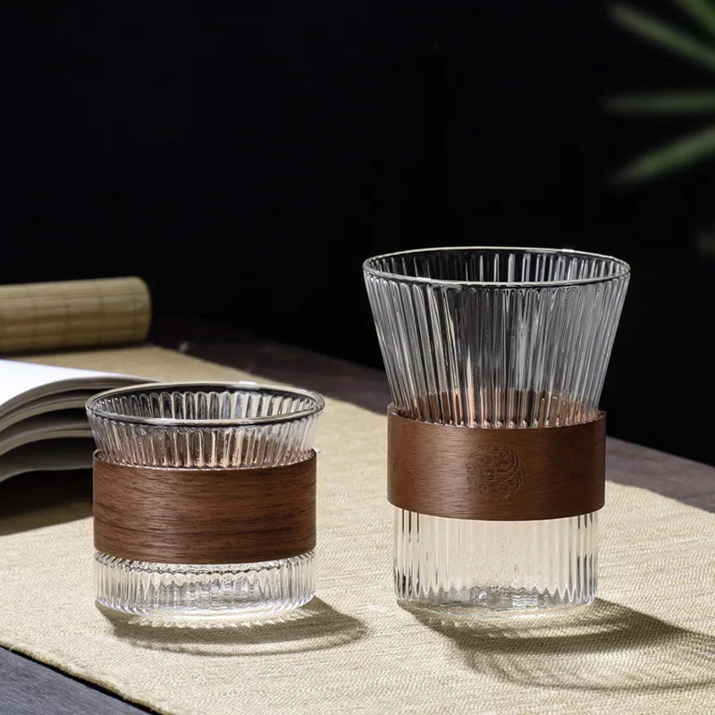 Transparent Glass Mug with Wooden Sleeve Stylish Coffee and Tea Cup