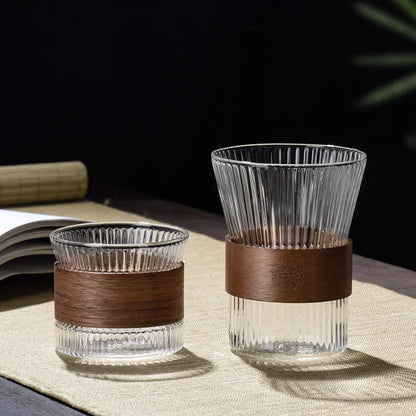 Transparent Glass Mug with Wooden Sleeve Stylish Coffee and Tea Cup