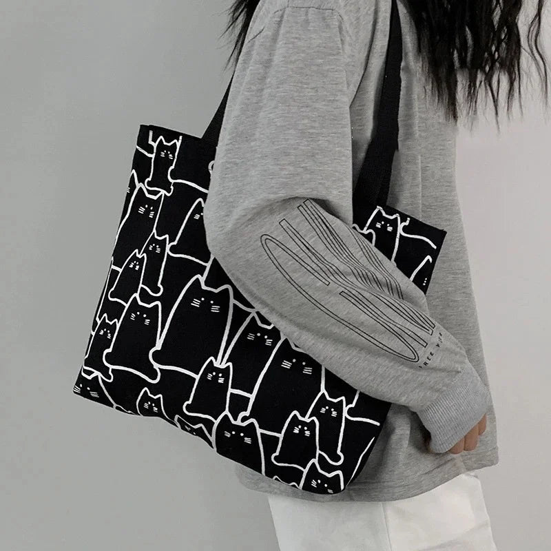 Japanese Style Cat Tote Shoulder Bag with Zipper Closure