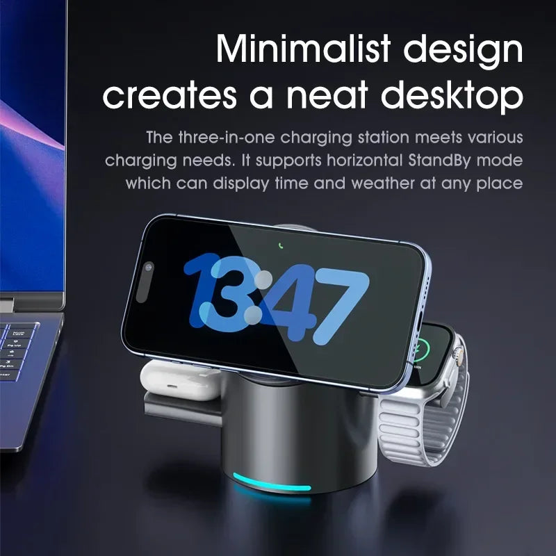 Magnetic 3-in-1 Qi2 Fast Wireless Charger Touch Control Dock for Apple & Android Devices