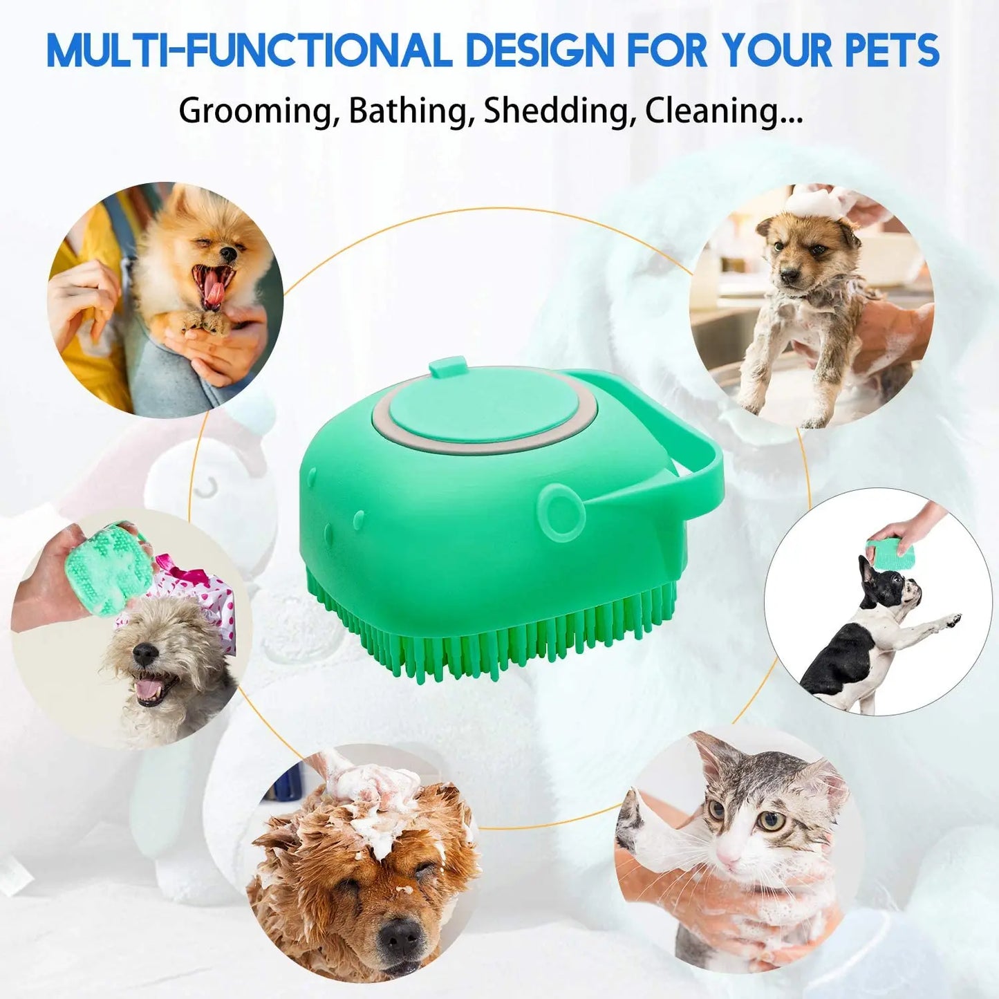 Pet Shampoo Brush with 80ml Dispenser for Dogs and Cats - Soft Silicone