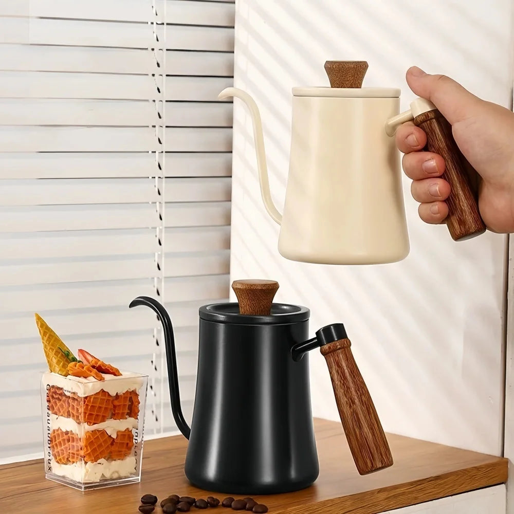 500ml Stainless Steel Coffee Pot with Thermometer and Wooden Handle