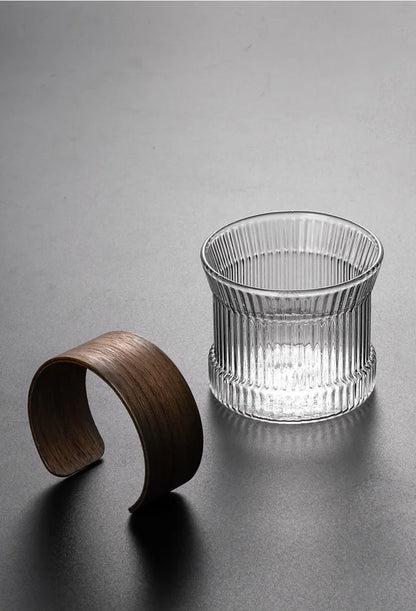 Transparent Glass Mug with Wooden Sleeve Stylish Coffee and Tea Cup