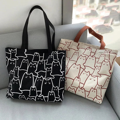 Japanese Style Cat Tote Shoulder Bag with Zipper Closure