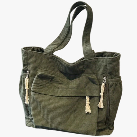 Women’s Corduroy Shoulder Bag with Zipper and Organised Storage