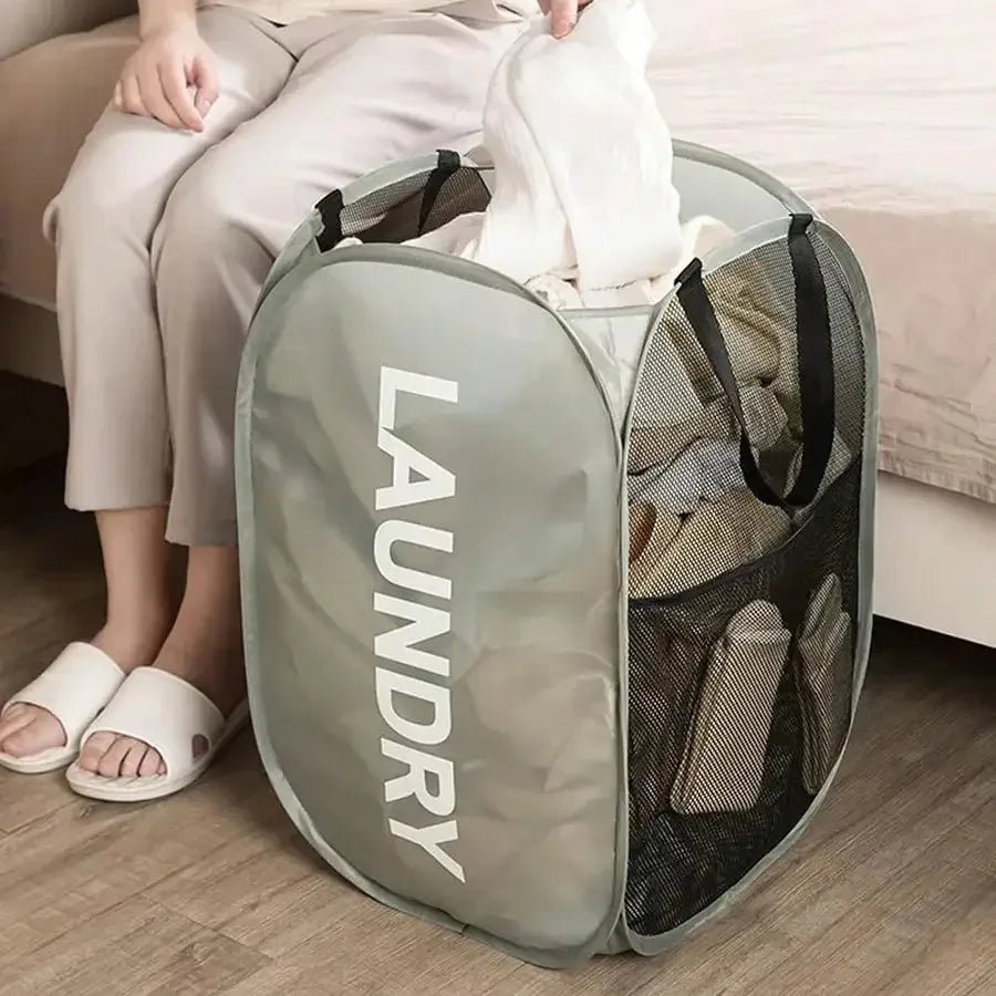 Foldable Mesh Laundry Basket with Pop-Up Design and Side Pockets