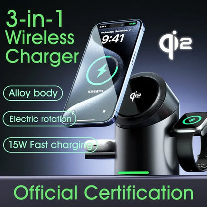 Magnetic 3-in-1 Qi2 Fast Wireless Charger Touch Control Dock for Apple & Android Devices