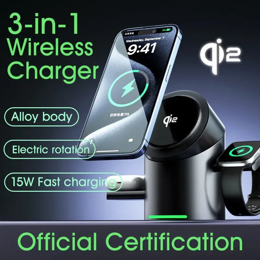 Magnetic 3-in-1 Qi2 Fast Wireless Charger Touch Control Dock for Apple & Android Devices