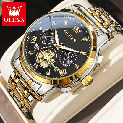 Elegant Men’s Chronograph Wristwatch with Roman Numerals and Moon Phase