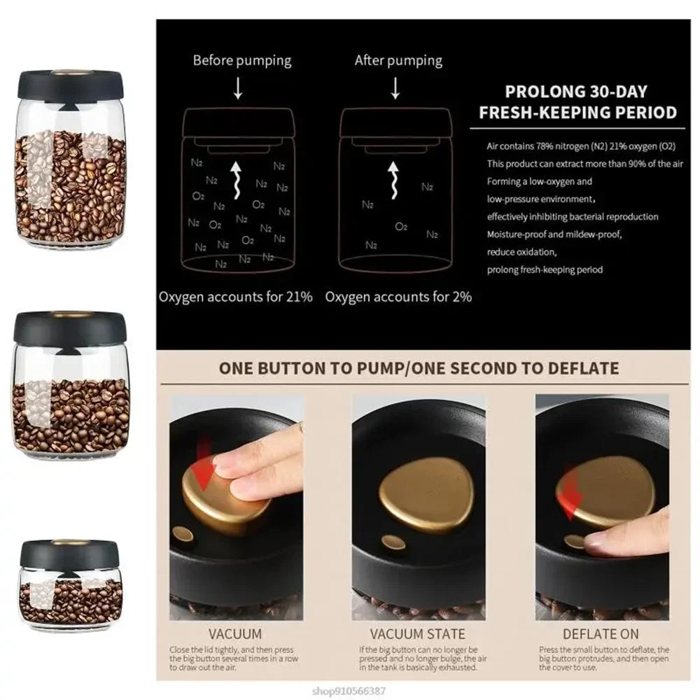 Vacuum Sealed Coffee Bean Storage Jar Airtight Glass Food Container