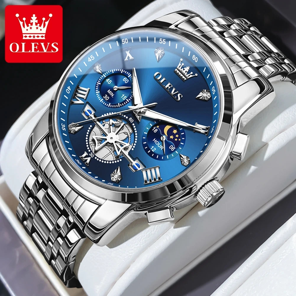 Elegant Men’s Chronograph Wristwatch with Roman Numerals and Moon Phase