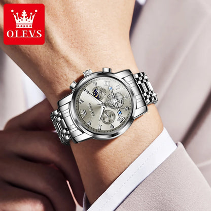 Elegant Men’s Chronograph Wristwatch with Roman Numerals and Moon Phase