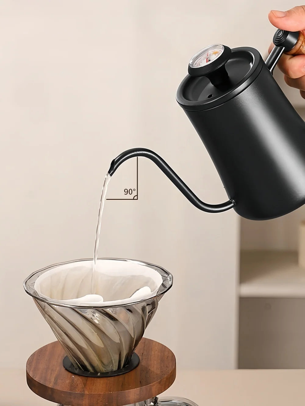 500ml Stainless Steel Coffee Pot with Thermometer and Wooden Handle