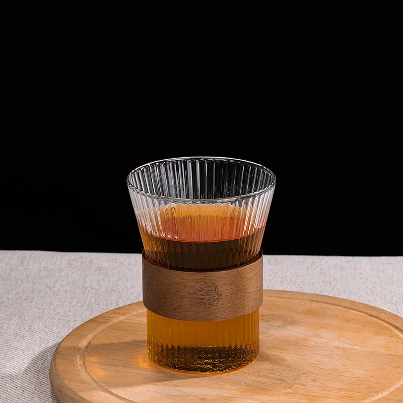 Transparent Glass Mug with Wooden Sleeve Stylish Coffee and Tea Cup