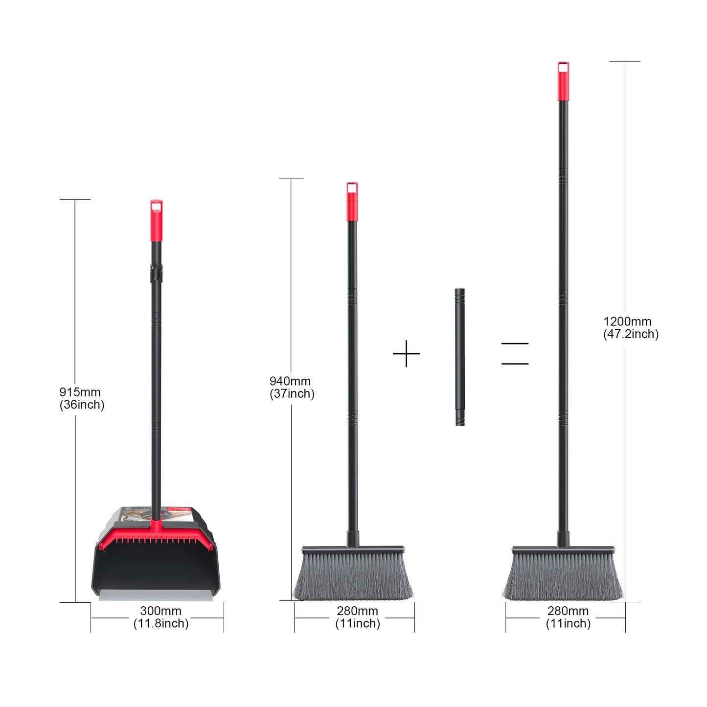 Adjustable Long-Handle Broom and Dustpan Set with Folding Dustpan
