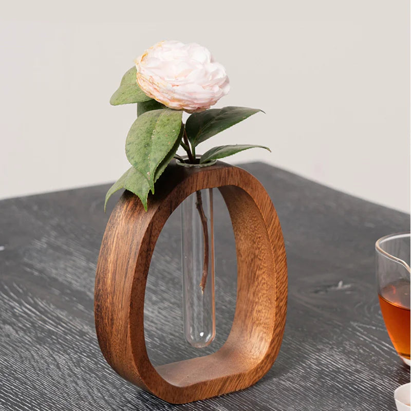 Handmade Solid Wood Holder with Glass Tube for Plant and Flower Display