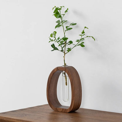 Handmade Solid Wood Holder with Glass Tube for Plant and Flower Display