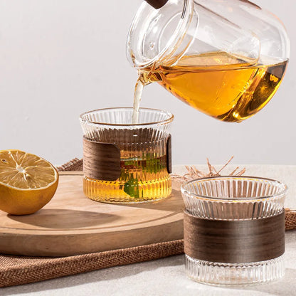 Transparent Glass Mug with Wooden Sleeve Stylish Coffee and Tea Cup