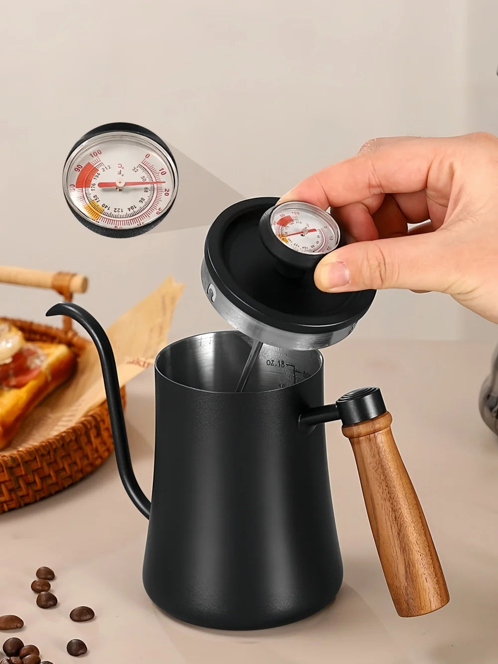 500ml Stainless Steel Coffee Pot with Thermometer and Wooden Handle