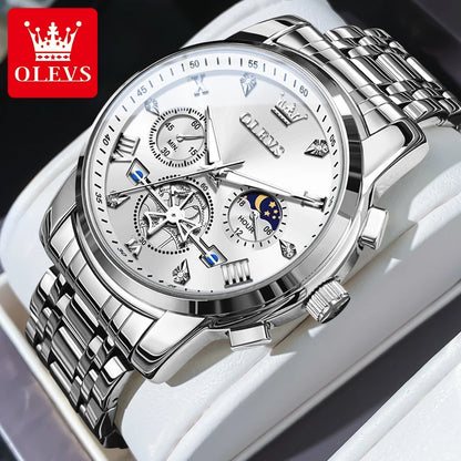 Elegant Men’s Chronograph Wristwatch with Roman Numerals and Moon Phase