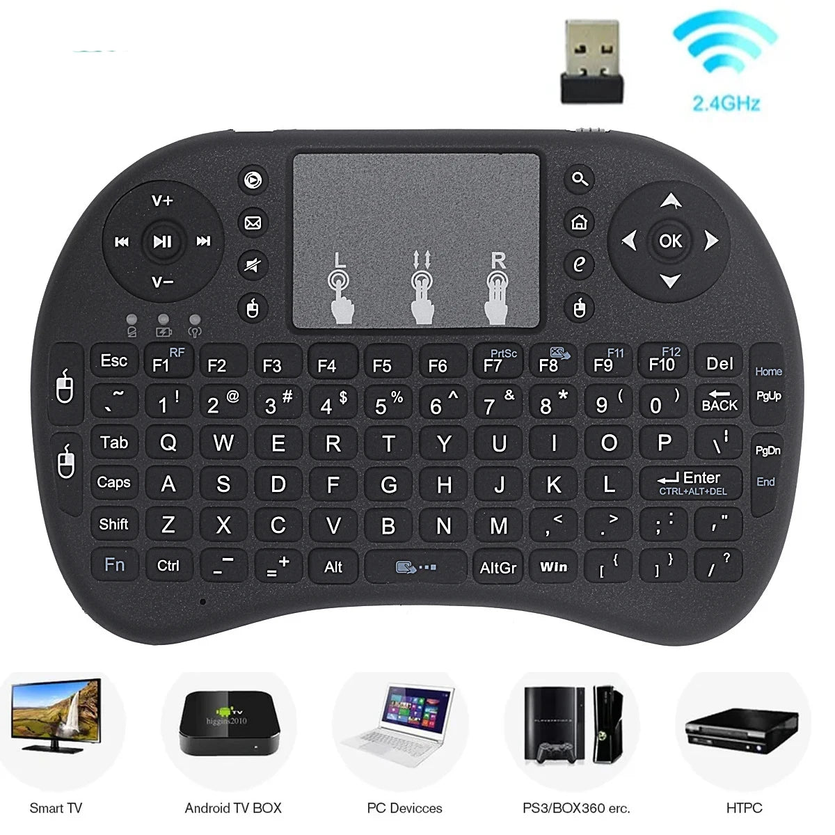 Compact Wireless Keyboard with Touchpad and Remote Control Function