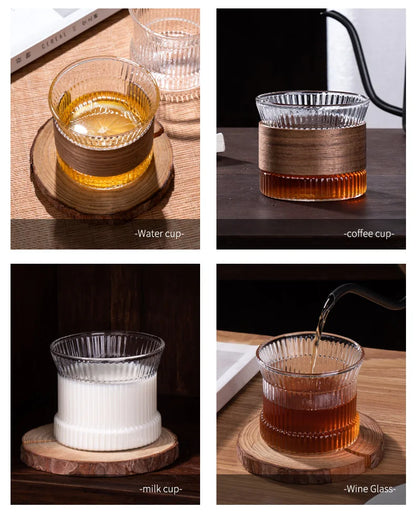 Transparent Glass Mug with Wooden Sleeve Stylish Coffee and Tea Cup