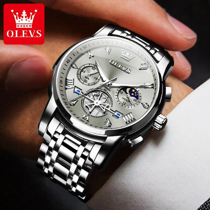 Elegant Men’s Chronograph Wristwatch with Roman Numerals and Moon Phase