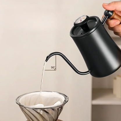 500ml Stainless Steel Coffee Pot with Thermometer and Wooden Handle