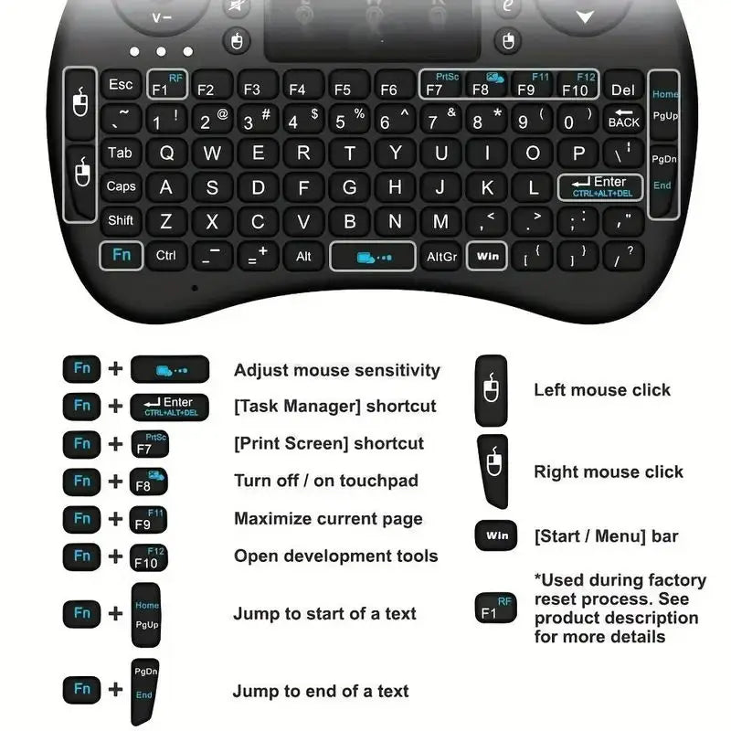 Compact Wireless Keyboard with Touchpad and Remote Control Function