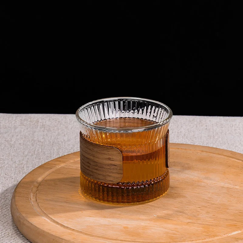Transparent Glass Mug with Wooden Sleeve Stylish Coffee and Tea Cup