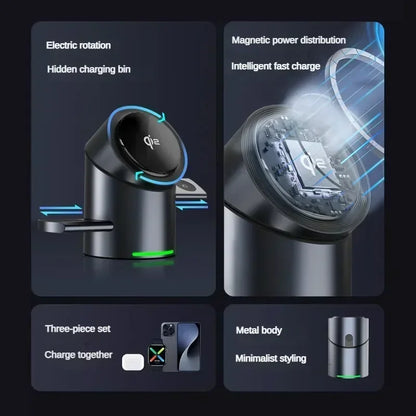 Magnetic 3-in-1 Qi2 Fast Wireless Charger Touch Control Dock for Apple & Android Devices