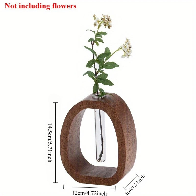 Handmade Solid Wood Holder with Glass Tube for Plant and Flower Display