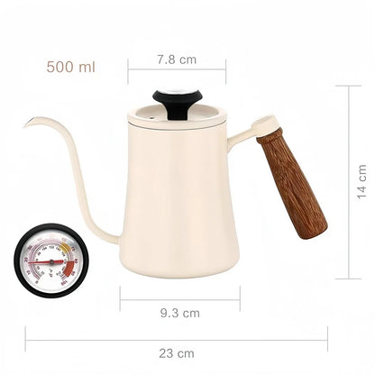 500ml Stainless Steel Coffee Pot with Thermometer and Wooden Handle