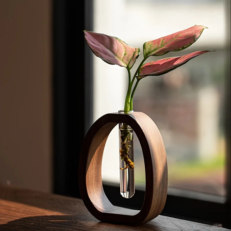 Handmade Solid Wood Holder with Glass Tube for Plant and Flower Display