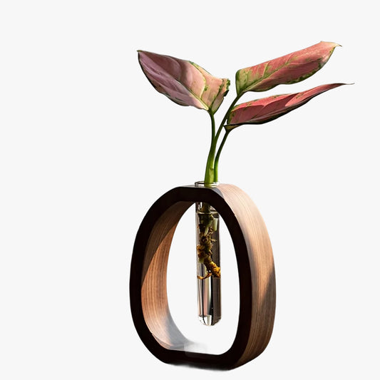 Handmade Solid Wood Holder with Glass Tube for Plant and Flower Display