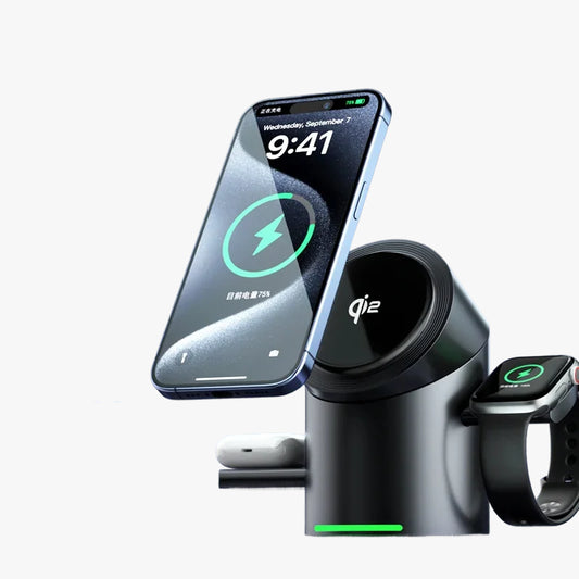 Magnetic 3-in-1 Qi2 Fast Wireless Charger Touch Control Dock for Apple & Android Devices